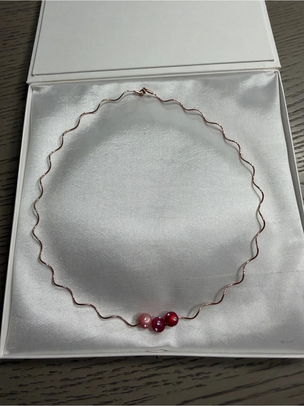 Women’s 14k Rose Gold 18” Wave Necklace with Pink Swarovski Bead Accents - Picture 2 of 7